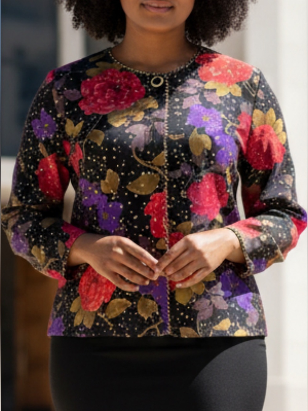 Exquisite Floral Top Red &Purple Accents & Gold Splatter- Career or Dressy Event
